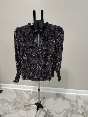 LOFT Black Floral Smocked V-Neck Blouse
